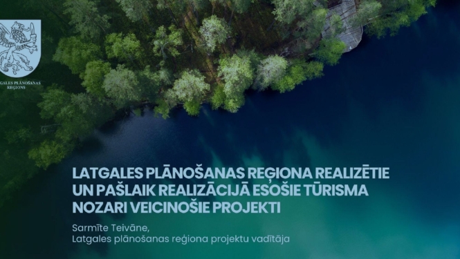 Gaisa skats uz mežainu ezera krastu ar virsrakstu par Latgales plānošanas reģiona tūrisma projektiem