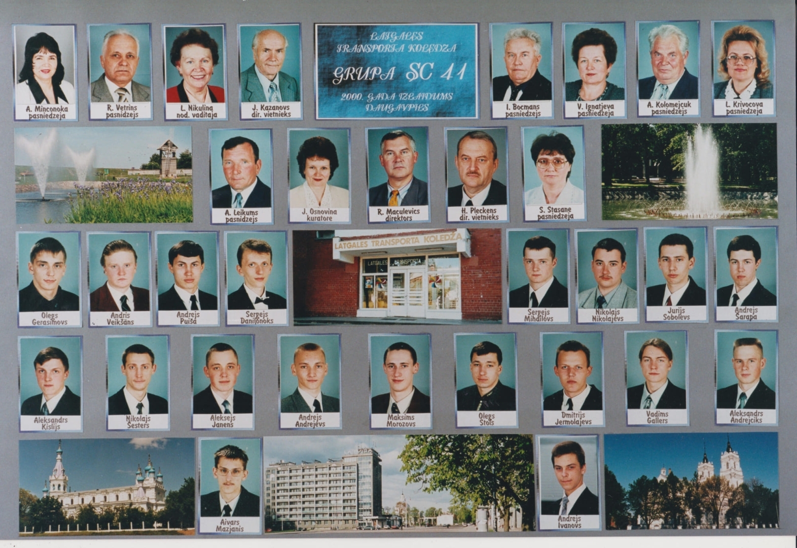 2000. gada sliežu ceļu saimniecības absolventu izlaiduma plakāts ar absolventiem un pasniedzējiem